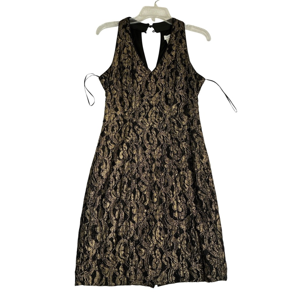 Cache Gold Metallic Lace Halter Dress Black Keyhole Back Cocktail Sheath Size 6 - Picture 2 of 5